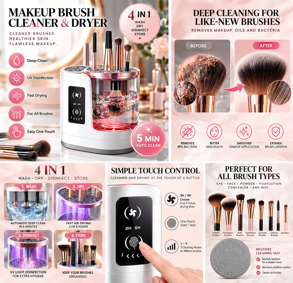 4-in-1 Electric Makeup Brush Cleaner & Dryer – Wash, Dry, Disinfect & Store